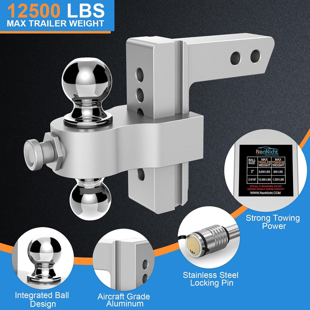 Adjustable Trailer Hitch, Drop Hitch Fits 2 Inch Receiver, Height Aluminum Tow Hitches with Dual Ball (2" x 2-5/16") GTW 12,500 LBS, Heavy Duty Towing Hitch Ball Mount