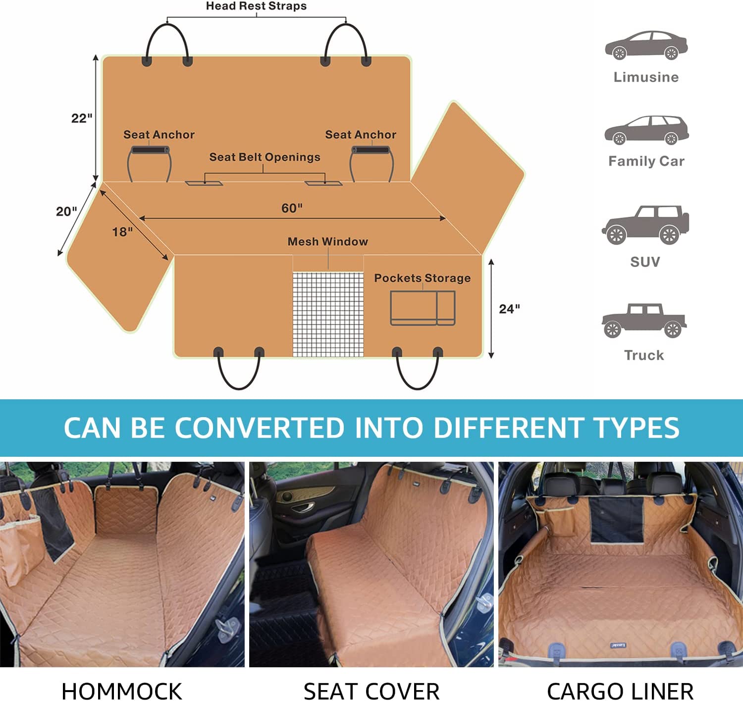 Dog Seat Covers for Trucks, Waterpfoof Dog Hammock for Truck Machine Washable and Non Slip Backseat Dog Cover for Car Compatible with F150 F250 Silverado Sierra Tundra and Crew Cab