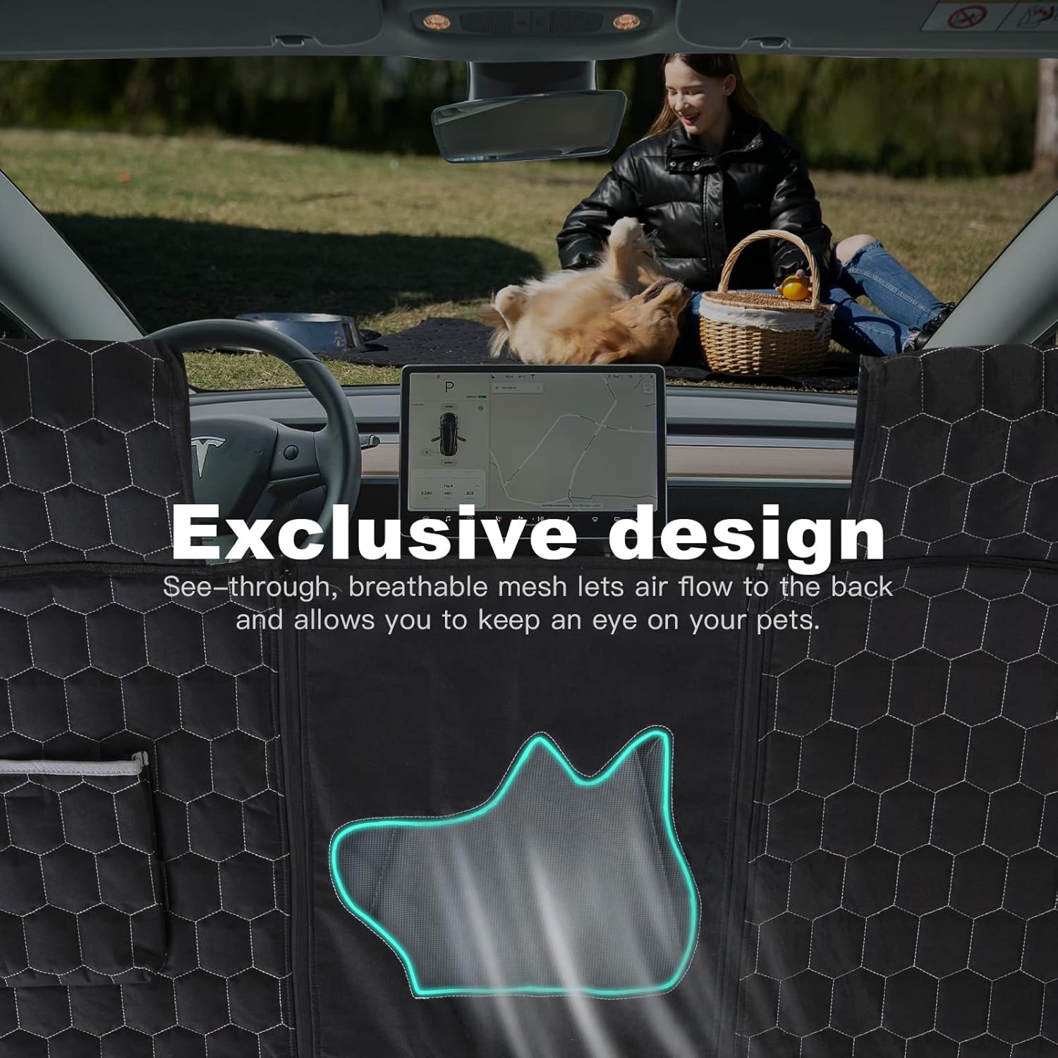 Dog Seat Covers for Back Seat with Mesh Window & Headrest Protection For Tesla Model 3