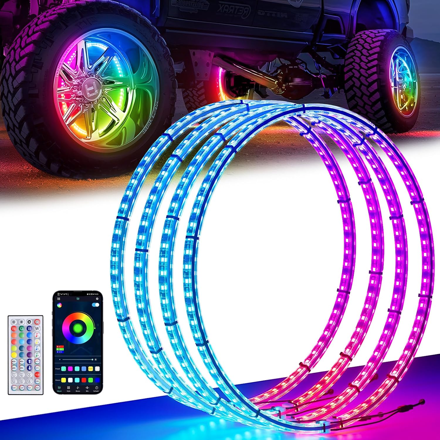 17" Double Row Wheel Lights with App & Remote Control Compatible with Various Trucks SUV Car（4PCS）
