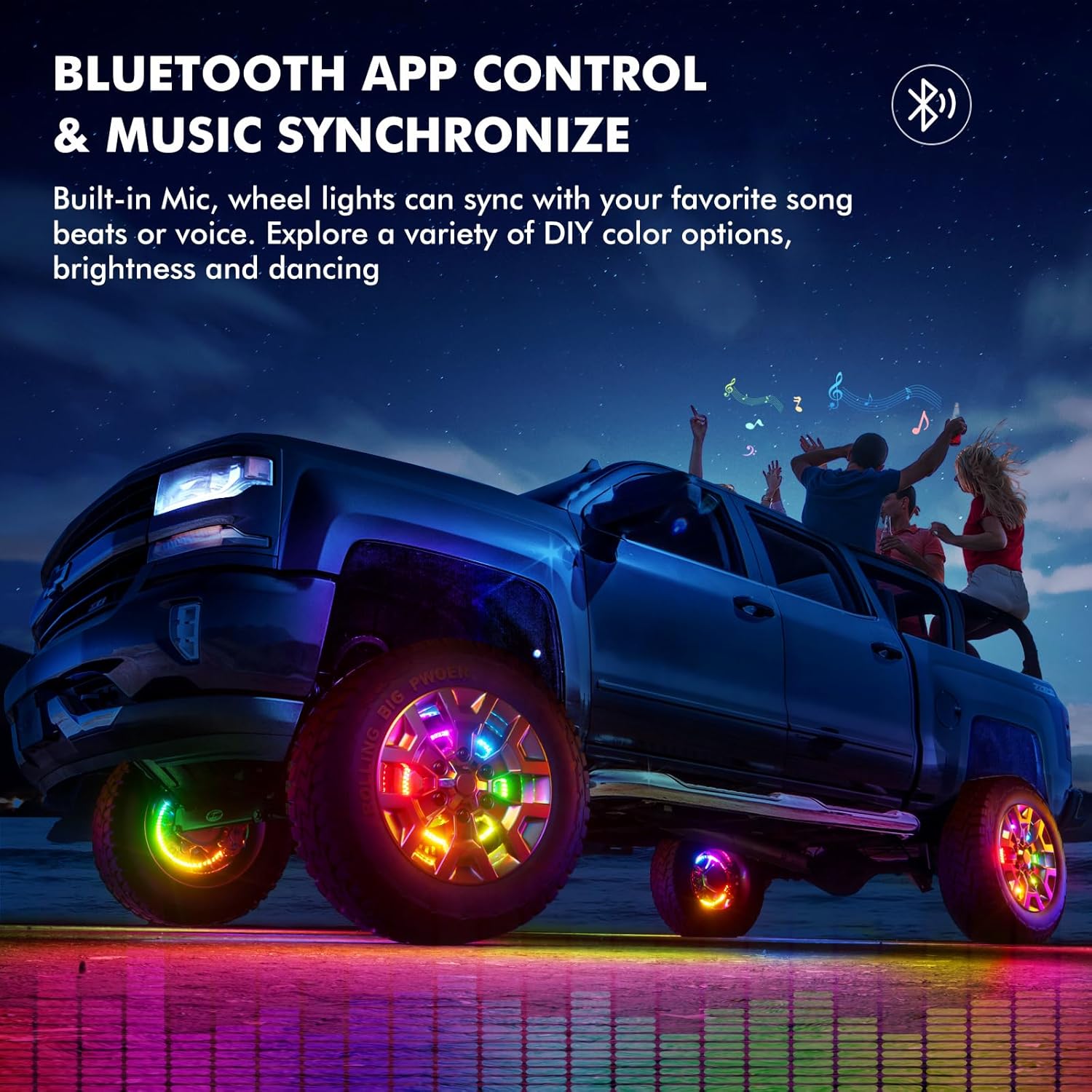 17" Double Row Wheel Lights with App & Remote Control Compatible with Various Trucks SUV Car（4PCS）