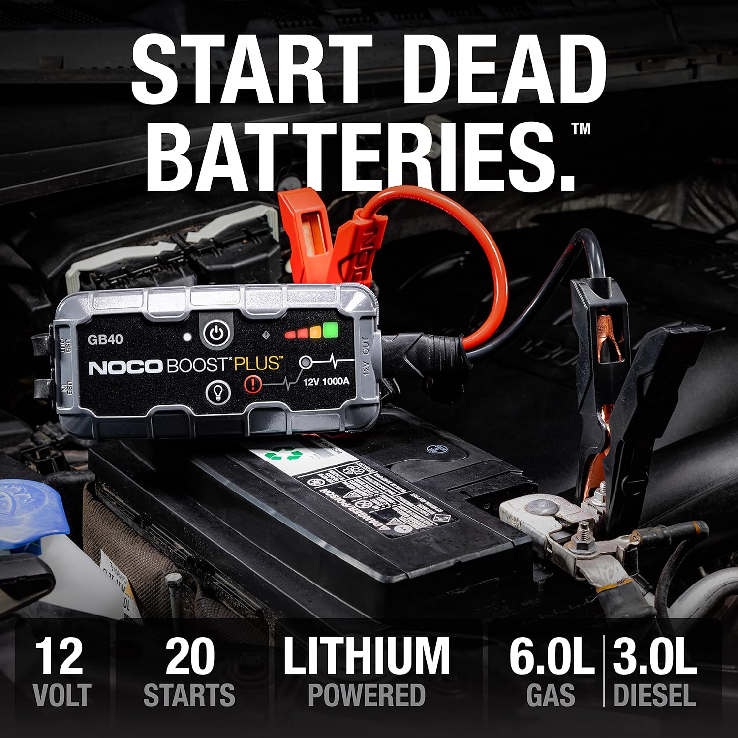 1000A UltraSafe Car Battery Jump Starter For 6.0L Gasoline And 3.0L Diesel Engines