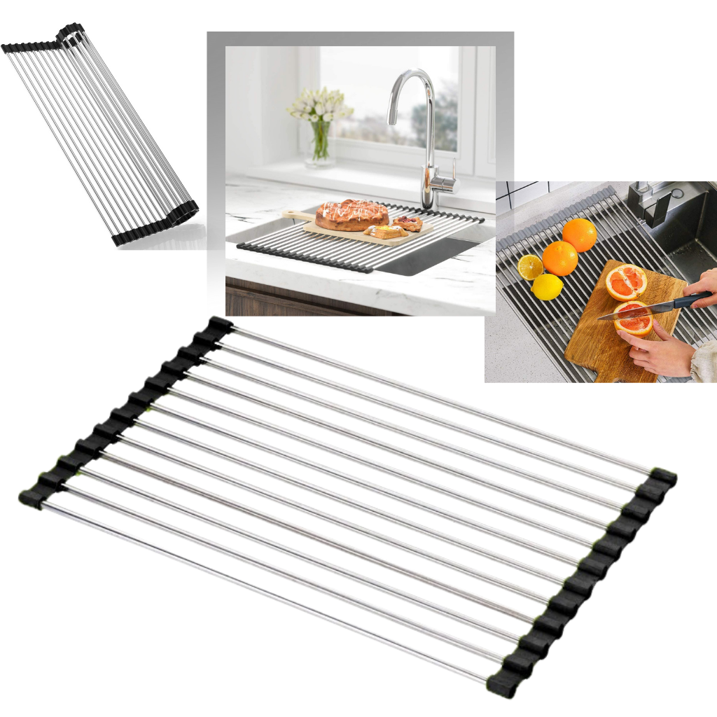 Egouttoir enroulable en acier inoxydable pour vaisselle et aliments