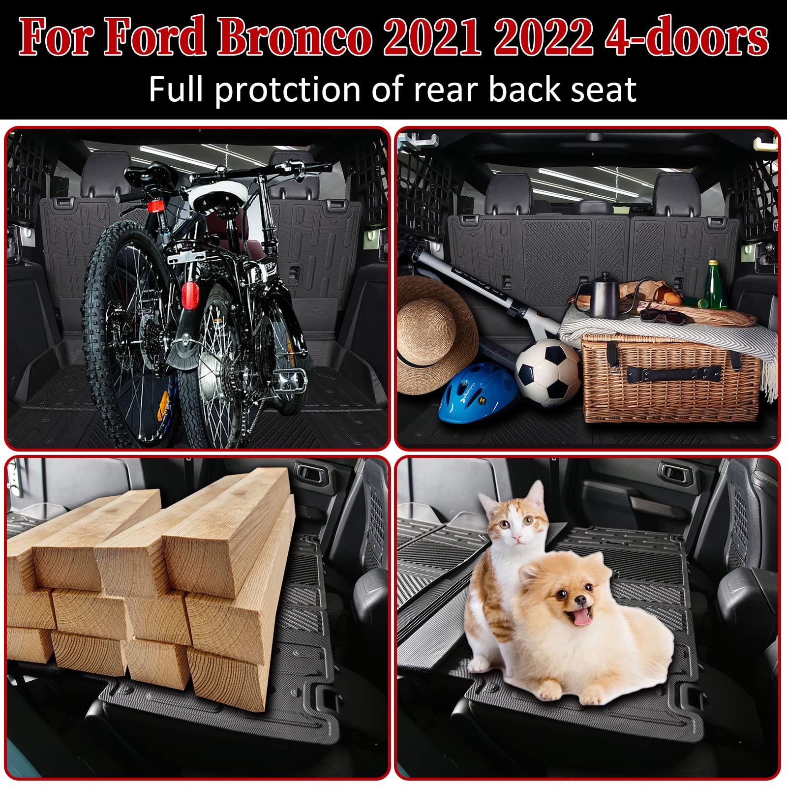 Back Seat Cover Protector for Ford Bronco Accessories 2021-2025 4 Doors with Vel-cro Split Dog Seat Liner